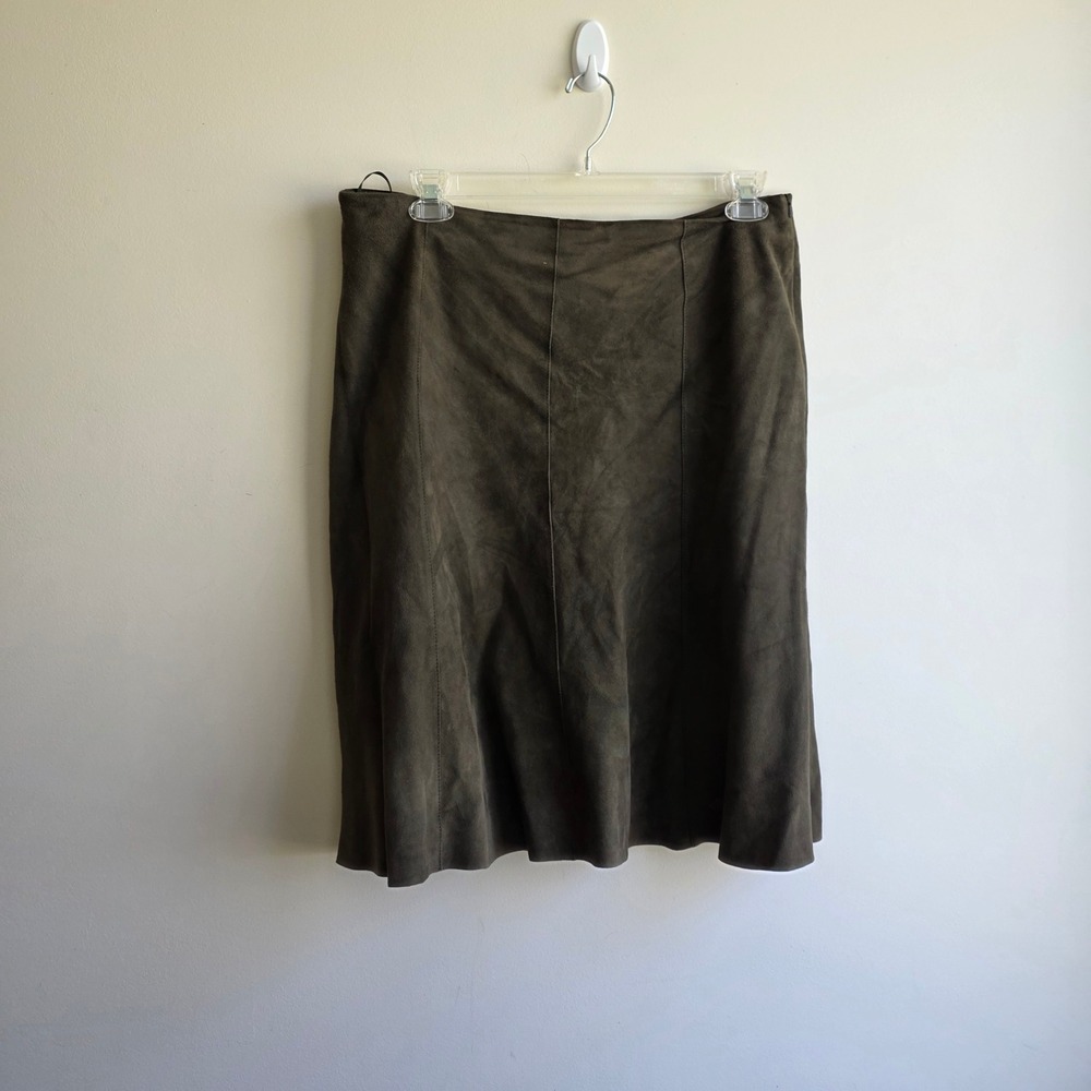 Eileen Fisher Italian Goat Suede A-Line Midi Skirt Olive Brown Size‎ L Quiet Lux